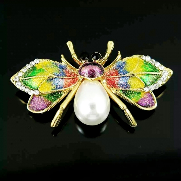 Gold plated Crystal rainbow pearl Bee brooch - Picture 4 of 13